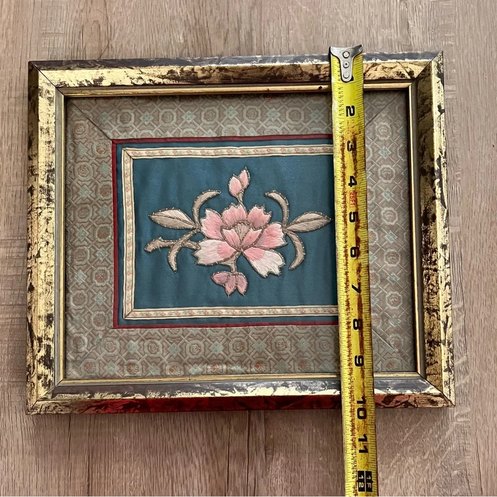Antique Chinese Embroidered Framed Tapestry‎ Fabric Silk Pink Peony #2
